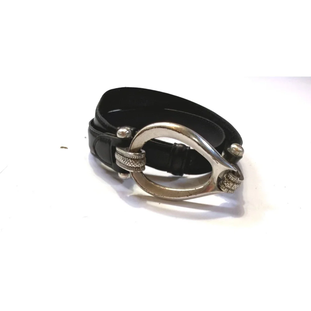 Black Leather Belt Oversized Silver Horseshoe Buckle Equestrian Small